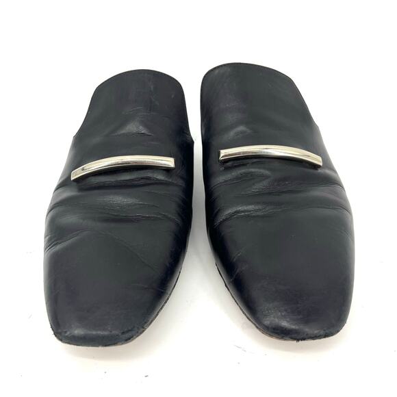 Via Spiga Women's Black Leather Square Toe Leather Flat Mules Gold Bar 37 / US7 - Picture 4 of 9
